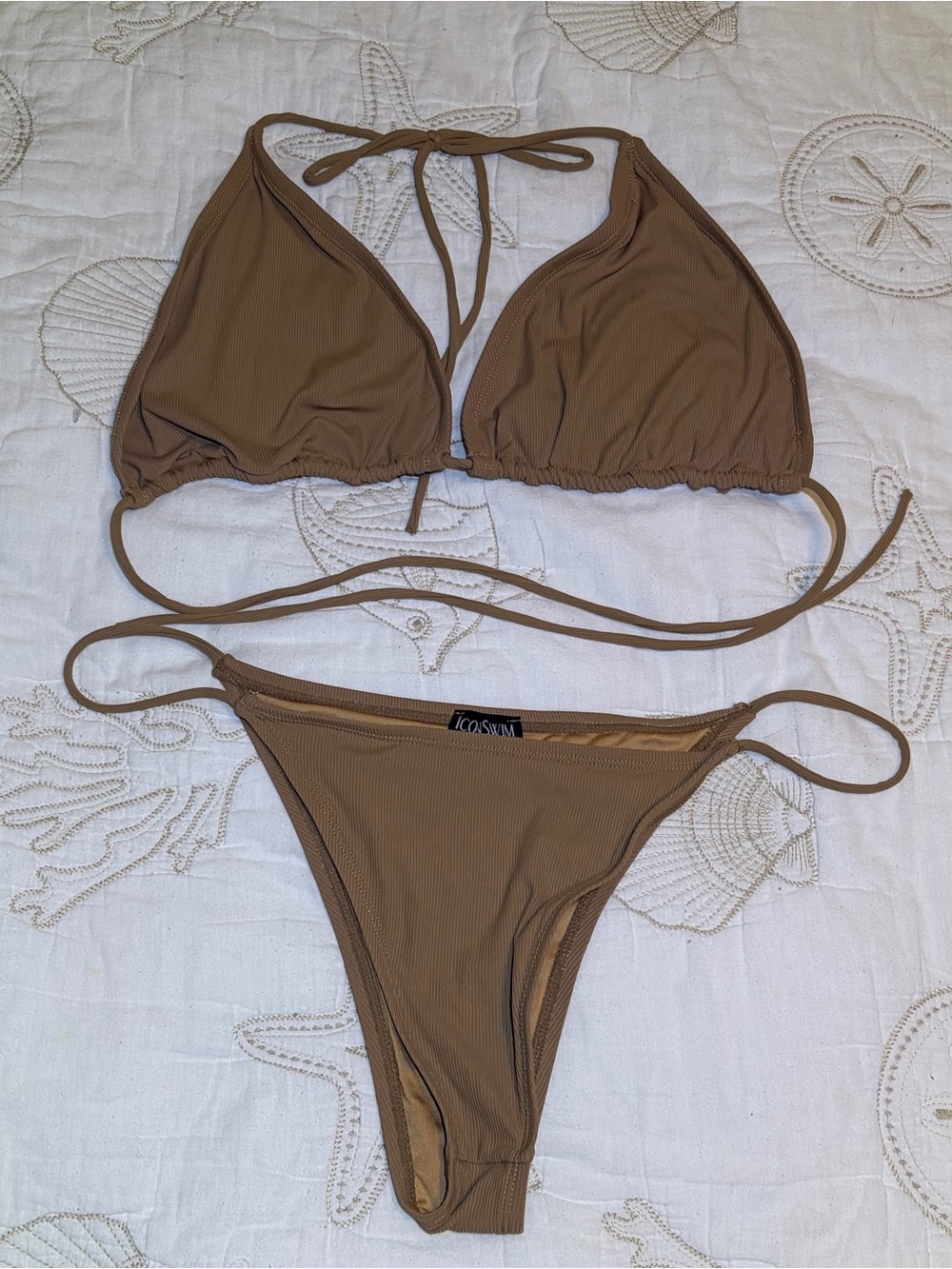 Icon Swim Tan Nude Ribbed Very Sexy Triangle Top Cheeky Bottom Bikini. Medium